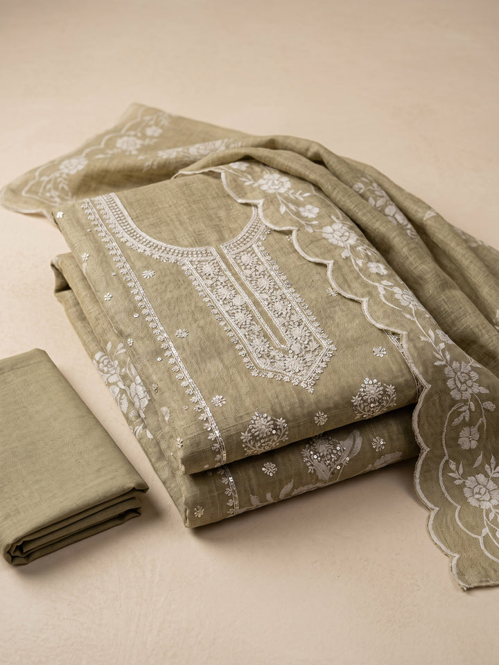 Mehndi Embroidered Linen Blend Unstitched Suit &amp; Pant With Cotton Dupatta