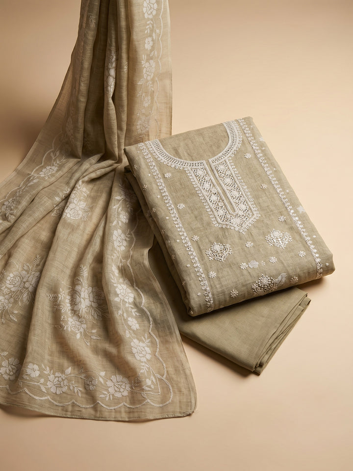 Mehndi Embroidered Linen Blend Unstitched Suit &amp; Pant With Cotton Dupatta