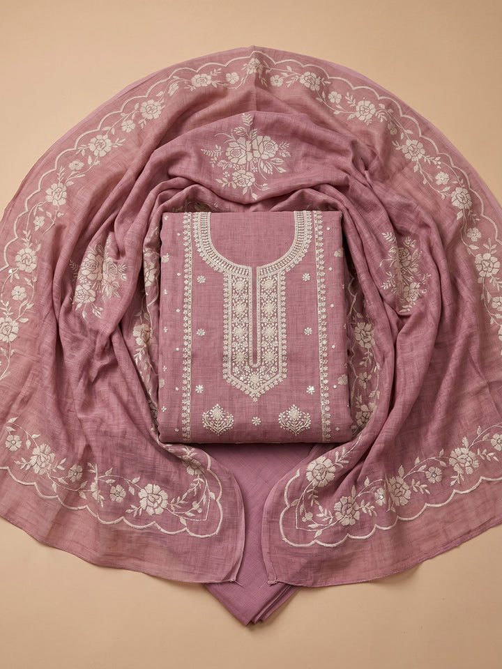 Onion Pink Embroidered Linen Blend Unstitched Suit &amp; Pant With Cotton Dupatta