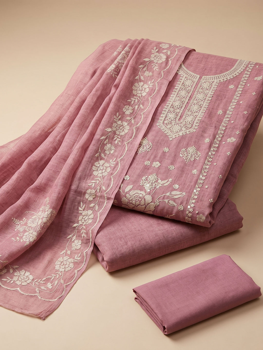 Onion Pink Embroidered Linen Blend Unstitched Suit &amp; Pant With Cotton Dupatta