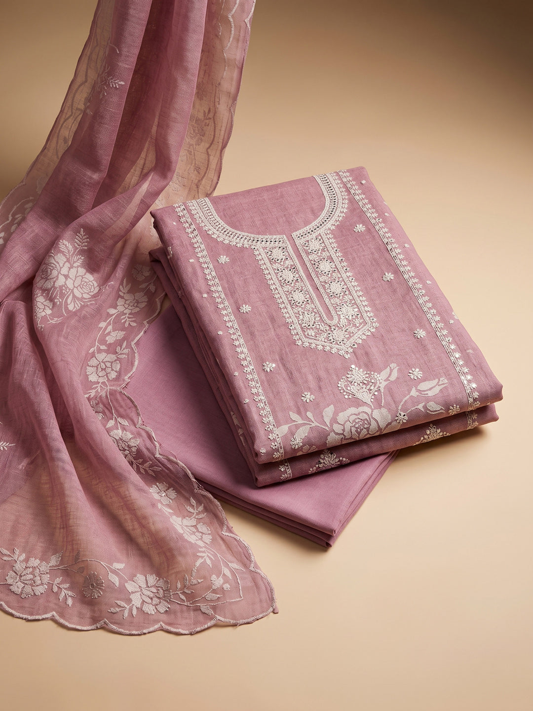 Onion Pink Embroidered Linen Blend Unstitched Suit &amp; Pant With Cotton Dupatta