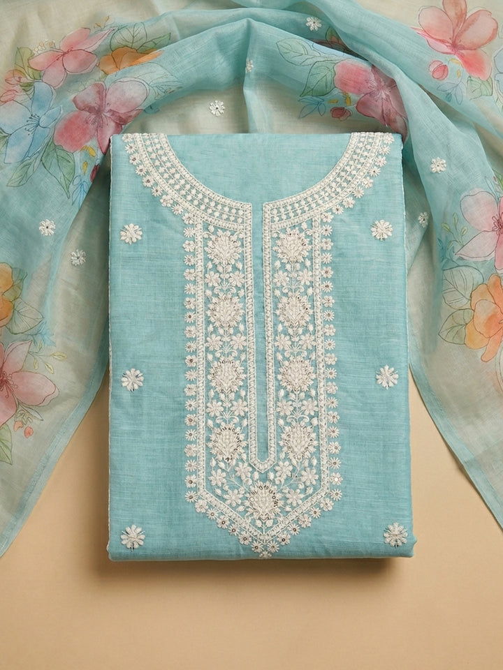 Firozee Embroidered Linen Blend Unstitched Suit &amp; Pant With Cotton Dupatta