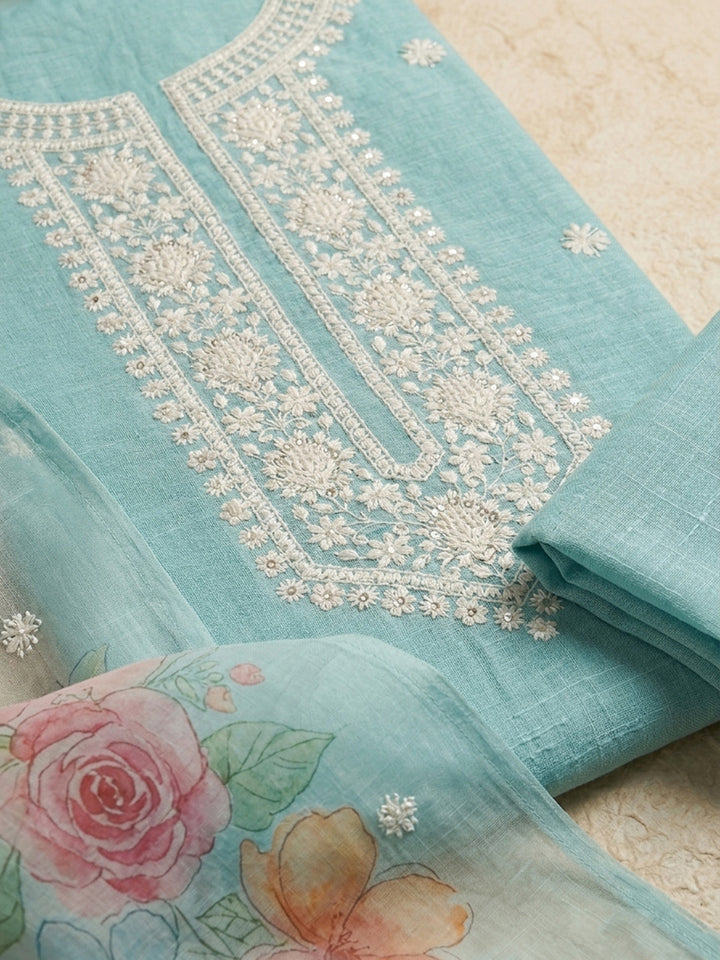 Firozee Embroidered Linen Blend Unstitched Suit &amp; Pant With Cotton Dupatta