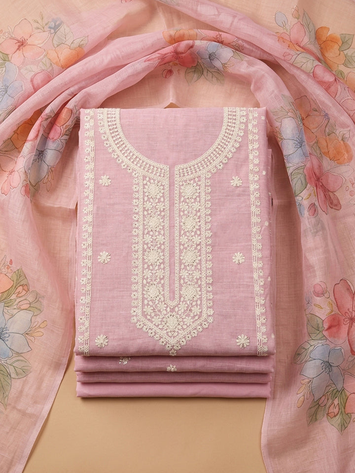 Onion Pink Embroidered Linen Blend Unstitched Suit &amp; Pant With Cotton Dupatta