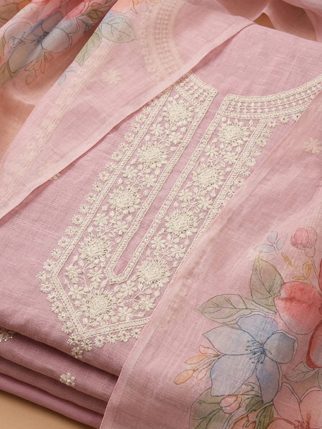 Onion Pink Embroidered Linen Blend Unstitched Suit &amp; Pant With Cotton Dupatta