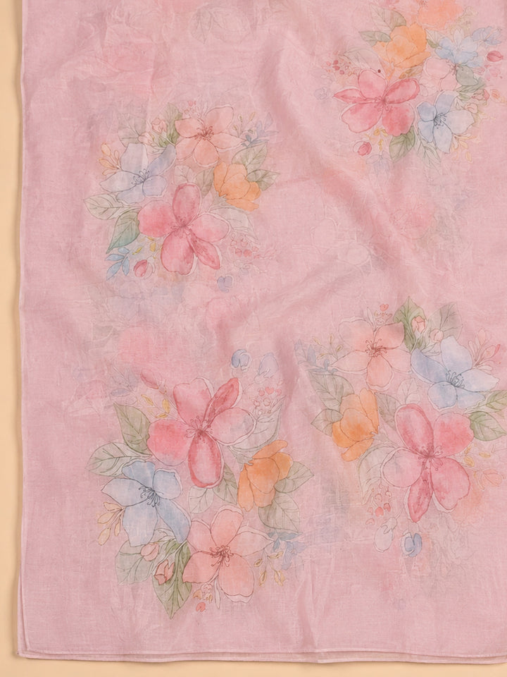 Onion Pink Embroidered Linen Blend Unstitched Suit &amp; Pant With Cotton Dupatta