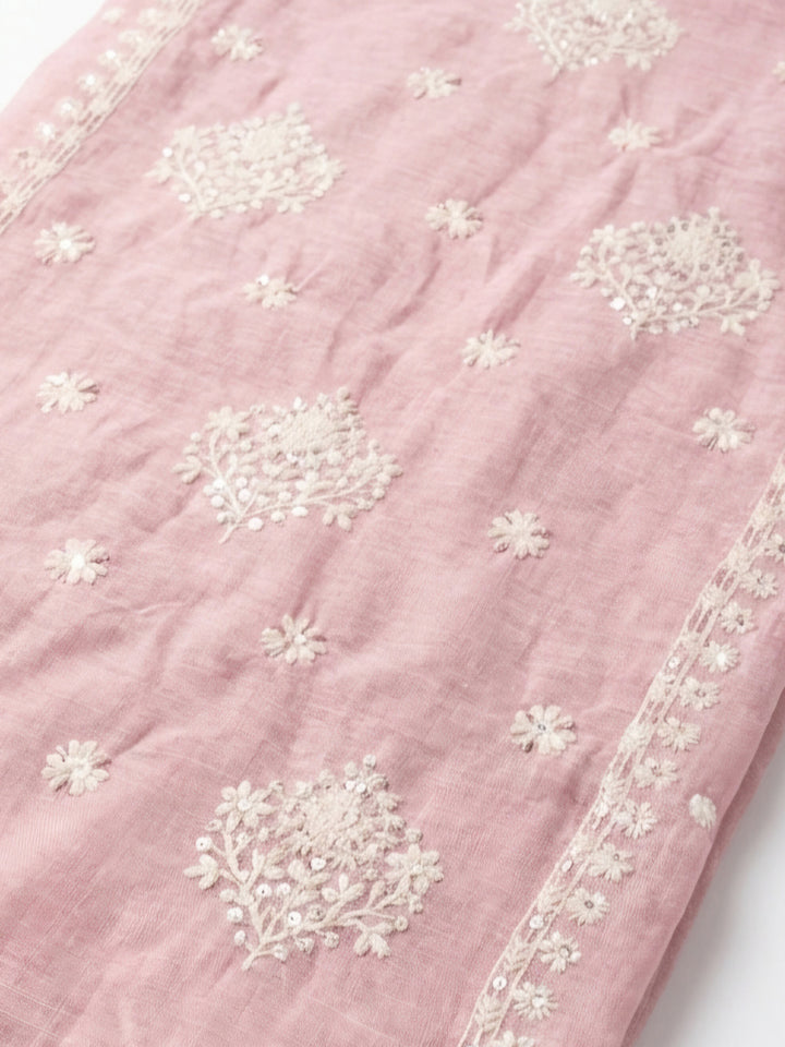 Onion Pink Embroidered Linen Blend Unstitched Suit &amp; Pant With Cotton Dupatta