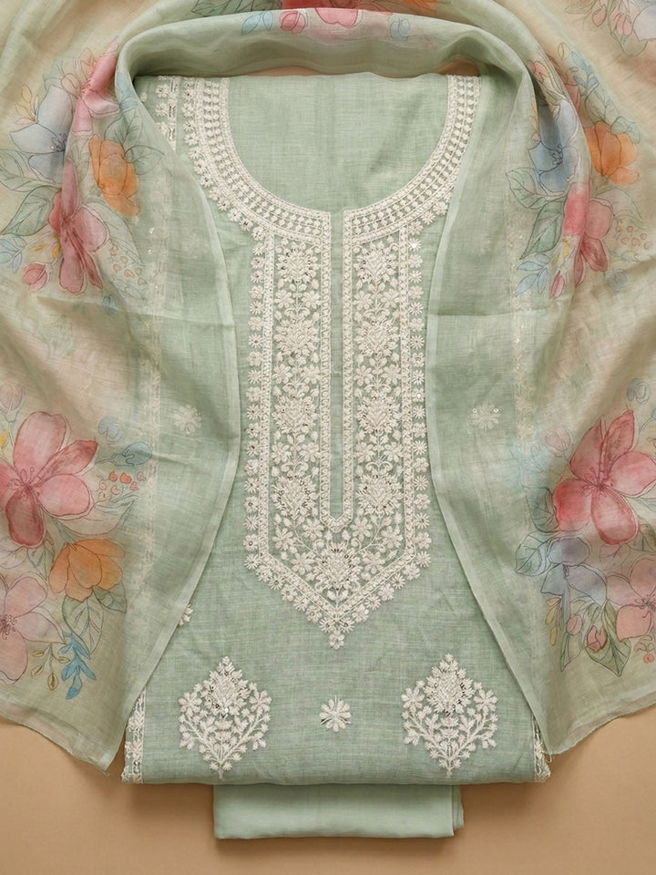 Pista Green Embroidered Linen Blend Unstitched Suit &amp; Pant With Cotton Dupatta