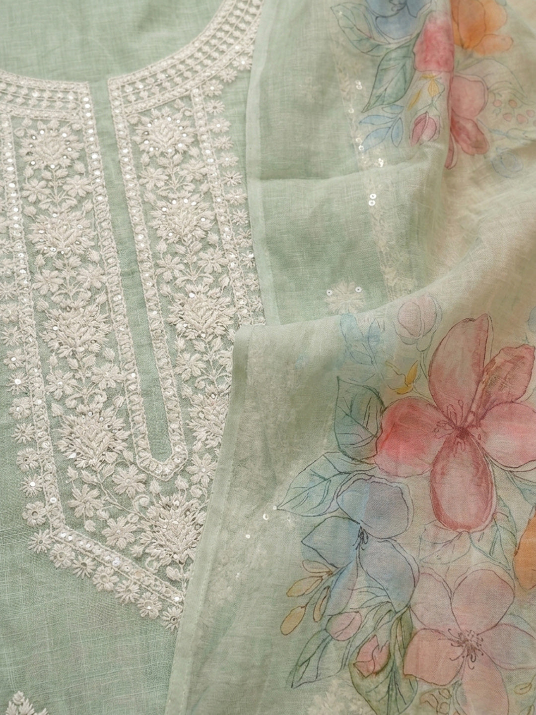Pista Green Embroidered Linen Blend Unstitched Suit &amp; Pant With Cotton Dupatta