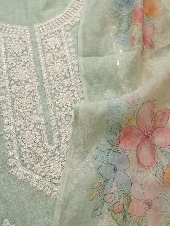 Pista Green Embroidered Linen Blend Unstitched Suit &amp; Pant With Cotton Dupatta