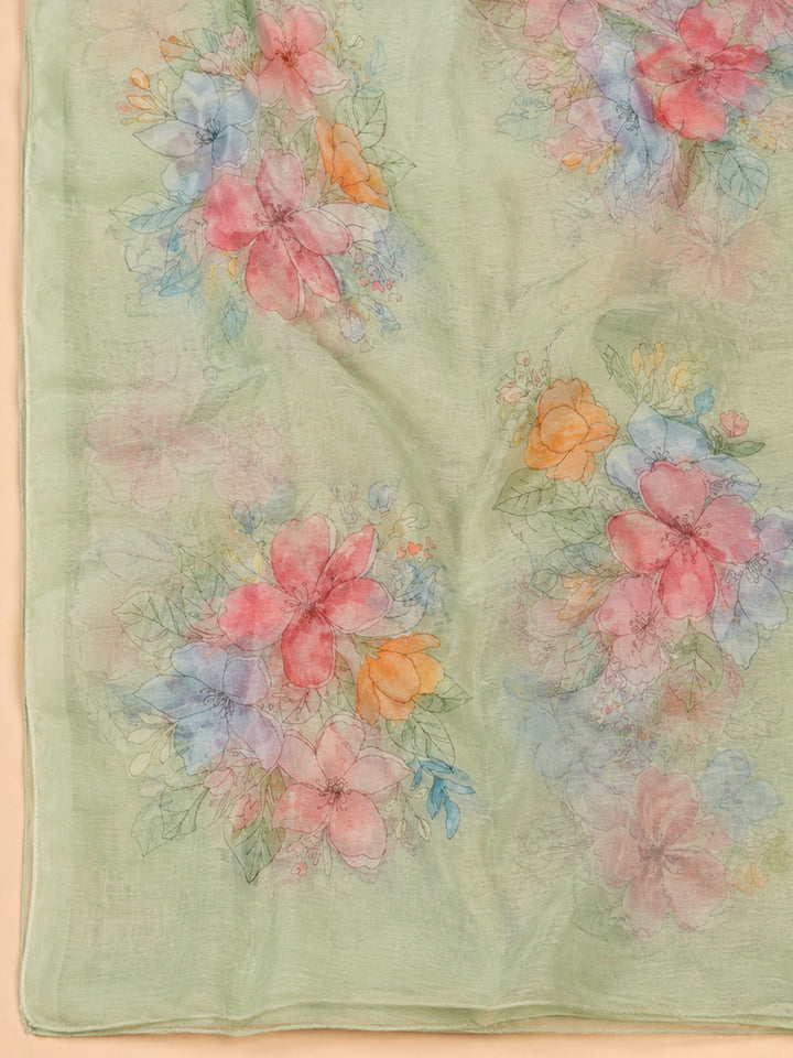 Pista Green Embroidered Linen Blend Unstitched Suit &amp; Pant With Cotton Dupatta