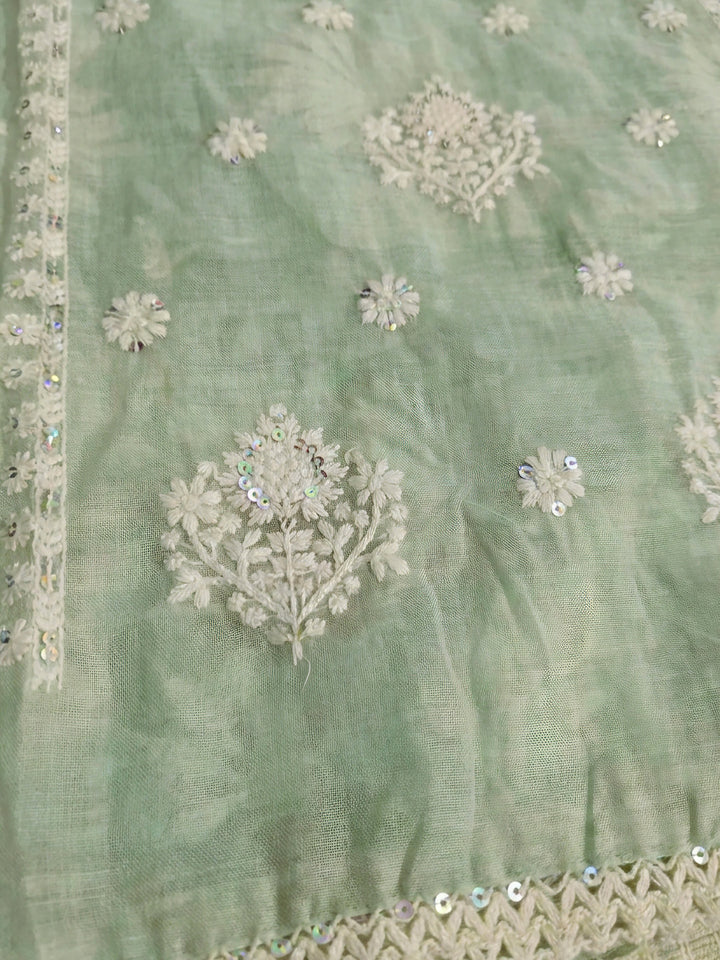Pista Green Embroidered Linen Blend Unstitched Suit &amp; Pant With Cotton Dupatta