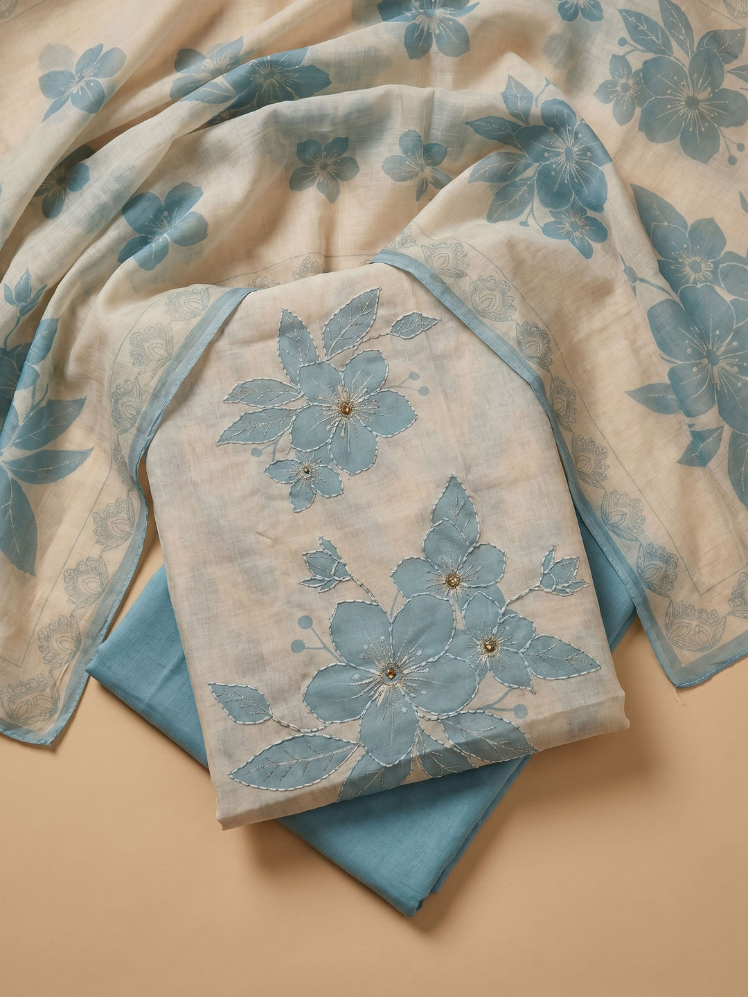 Blue Printed Linen Blend Unstitched Suit &amp; Pant With Cotton Dupatta