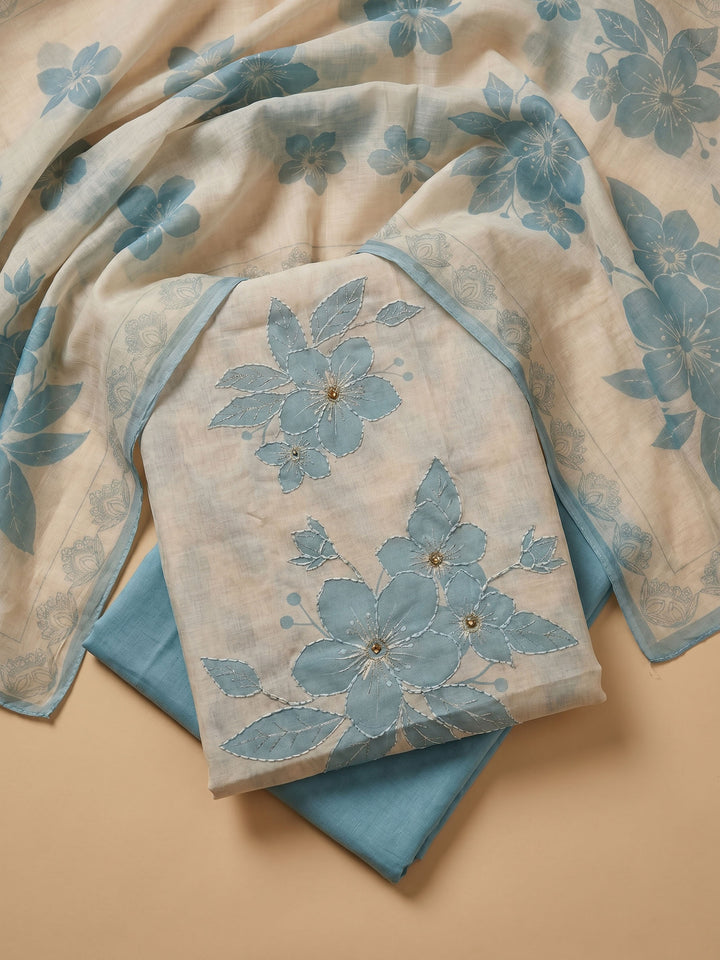Blue Printed Linen Blend Unstitched Suit &amp; Pant With Cotton Dupatta