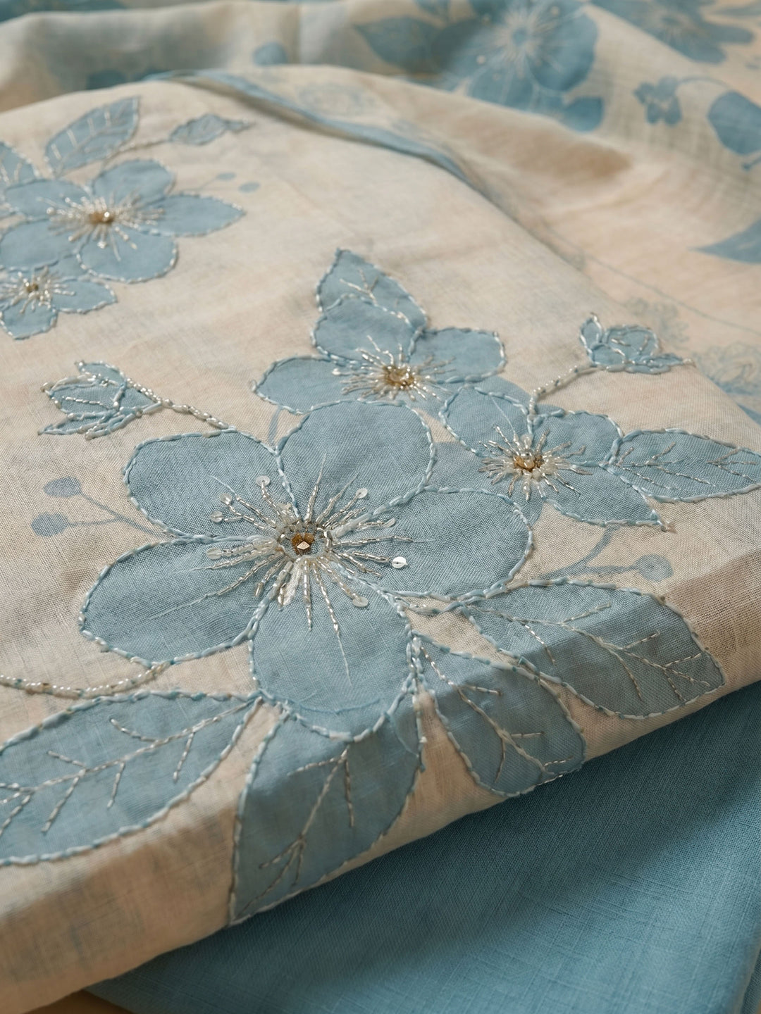 Blue Printed Linen Blend Unstitched Suit &amp; Pant With Cotton Dupatta