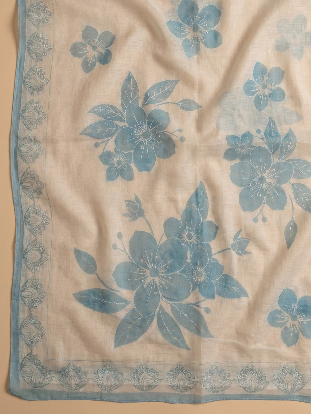 Blue Printed Linen Blend Unstitched Suit &amp; Pant With Cotton Dupatta