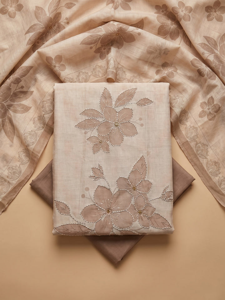 Brown Printed Linen Blend Unstitched Suit &amp; Pant With Cotton Dupatta