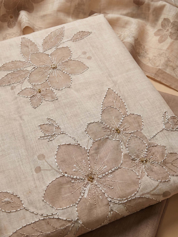 Brown Printed Linen Blend Unstitched Suit &amp; Pant With Cotton Dupatta