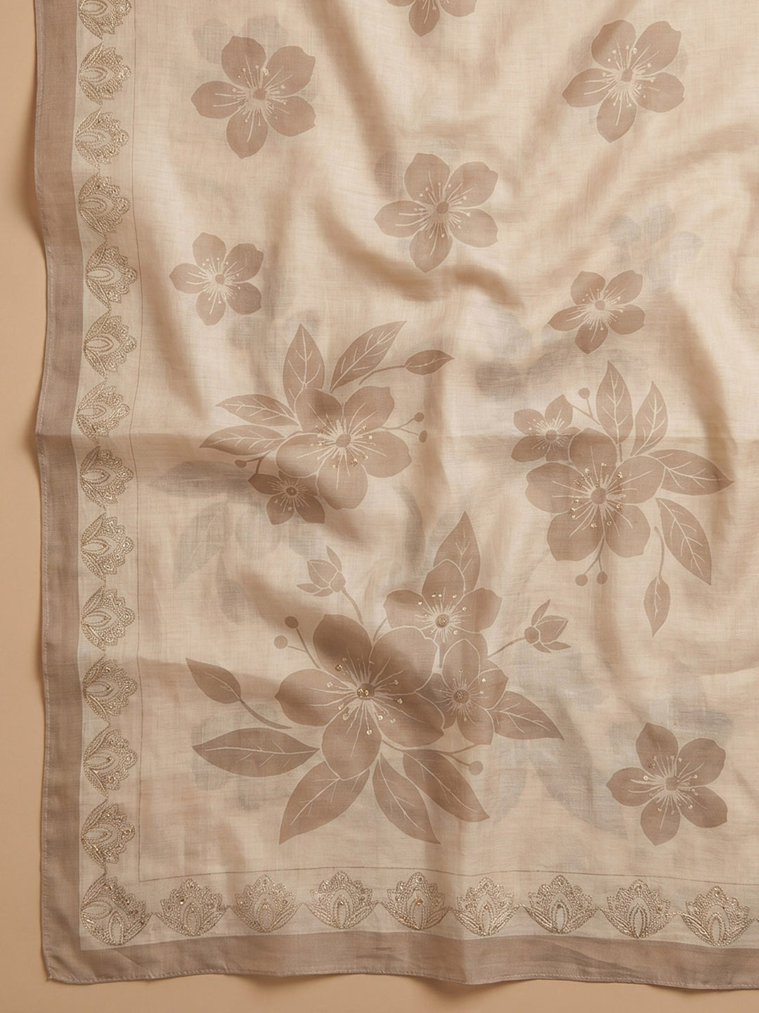 Brown Printed Linen Blend Unstitched Suit &amp; Pant With Cotton Dupatta