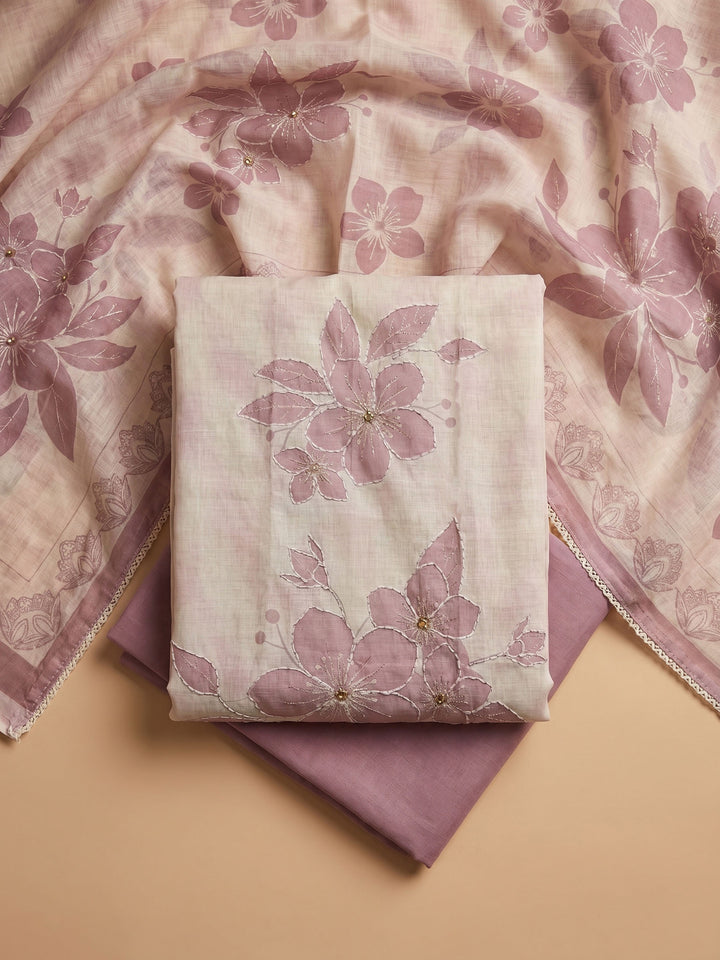 Onion Pink Printed Linen Blend Unstitched Suit &amp; Pant With Cotton Dupatta