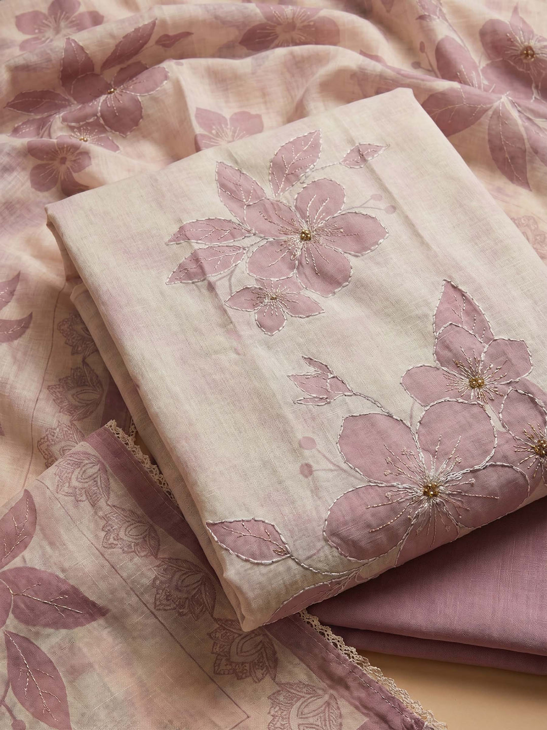 Onion Pink Printed Linen Blend Unstitched Suit &amp; Pant With Cotton Dupatta