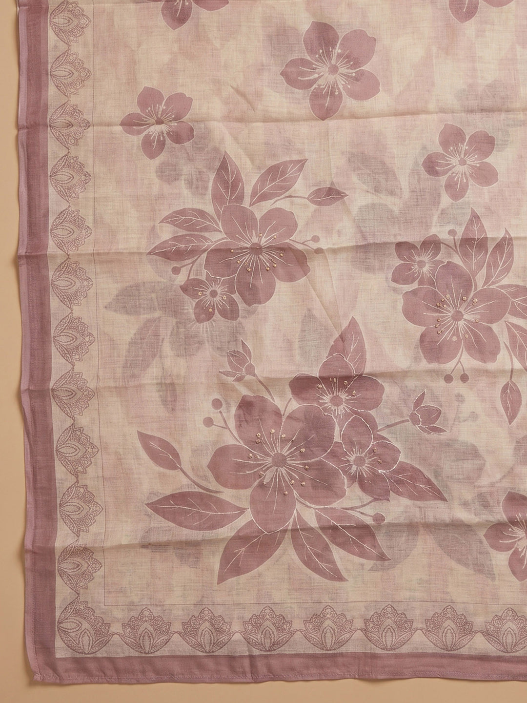 Onion Pink Printed Linen Blend Unstitched Suit &amp; Pant With Cotton Dupatta