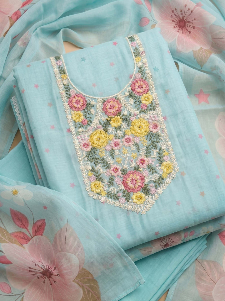 Firozee Embroidered Linen Blend Unstitched Suit &amp; Pant With Cotton Dupatta