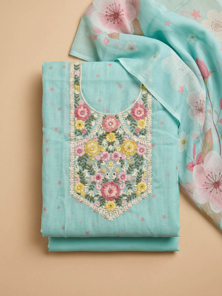 Firozee Embroidered Linen Blend Unstitched Suit &amp; Pant With Cotton Dupatta