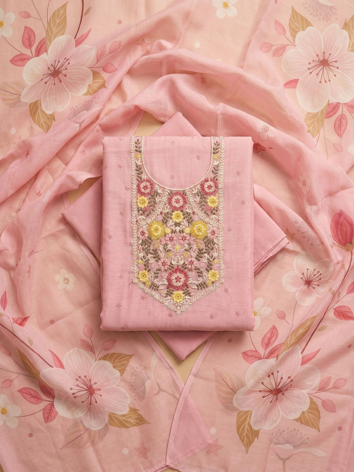Peach Embroidered Linen Blend Unstitched Suit &amp; Pant With Cotton Dupatta