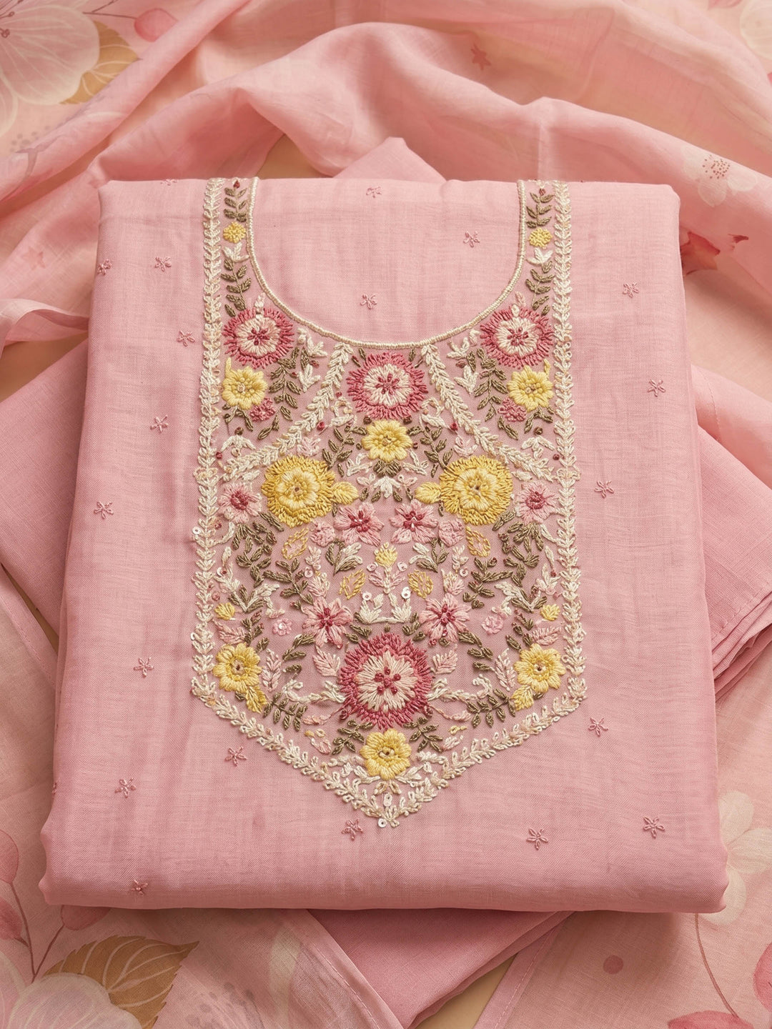 Peach Embroidered Linen Blend Unstitched Suit &amp; Pant With Cotton Dupatta