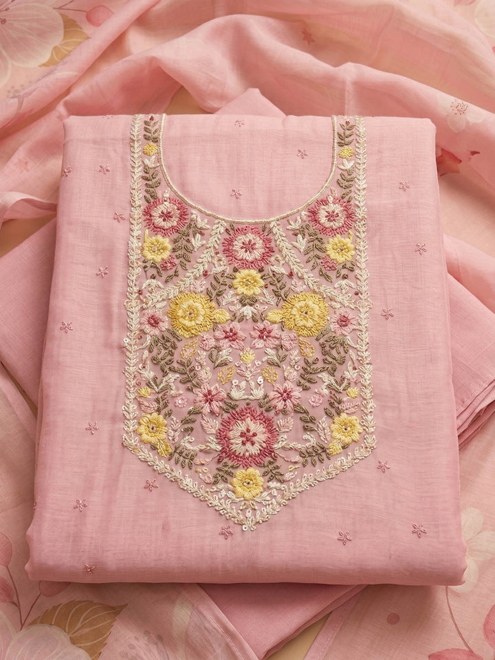 Peach Embroidered Linen Blend Unstitched Suit &amp; Pant With Cotton Dupatta