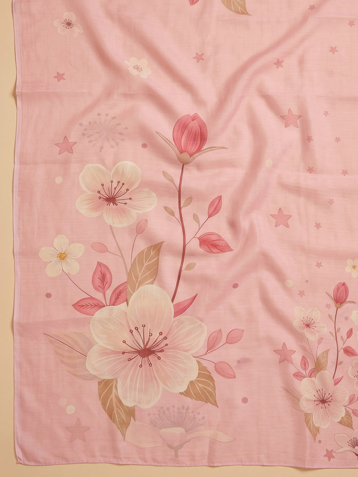 Peach Embroidered Linen Blend Unstitched Suit &amp; Pant With Cotton Dupatta