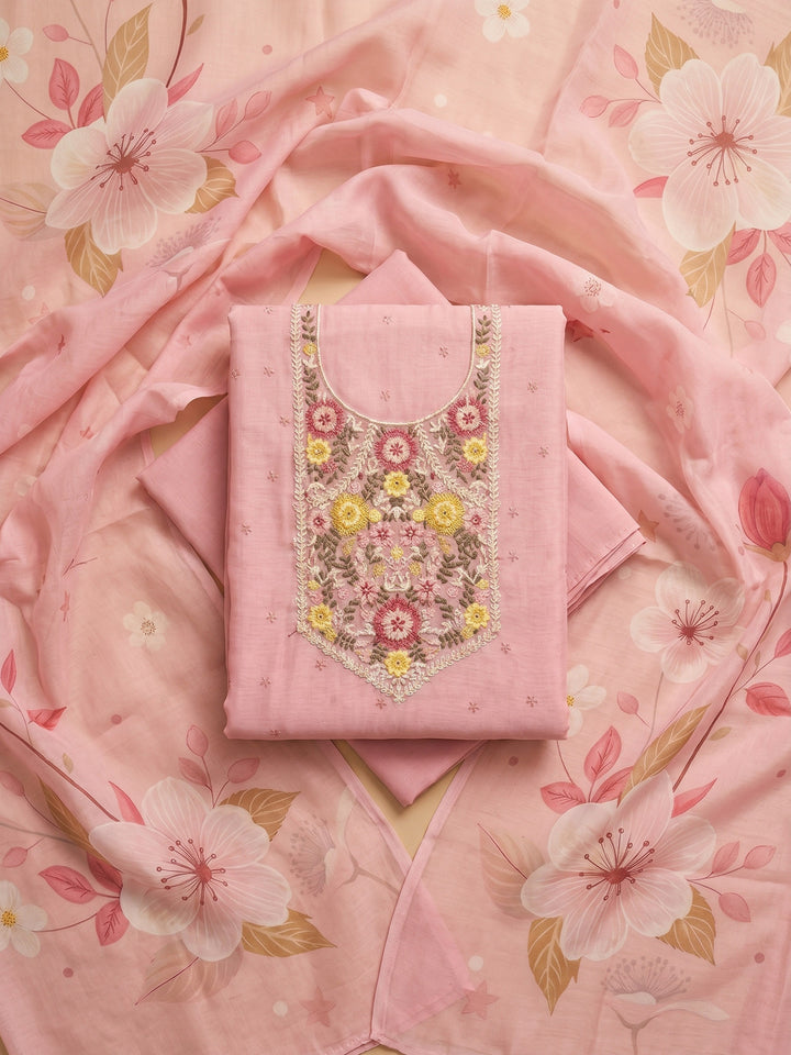 Pink Embroidered Linen Blend Unstitched Suit With Pant &amp; Dupatta