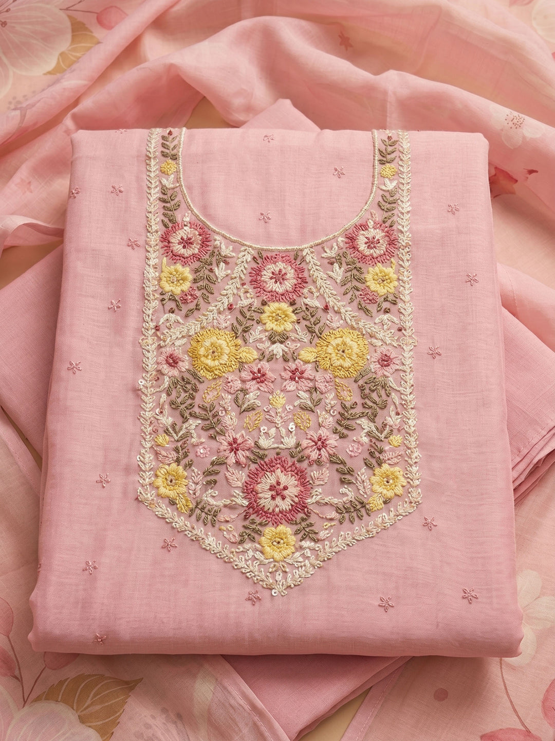 Pink Embroidered Linen Blend Unstitched Suit With Pant &amp; Dupatta