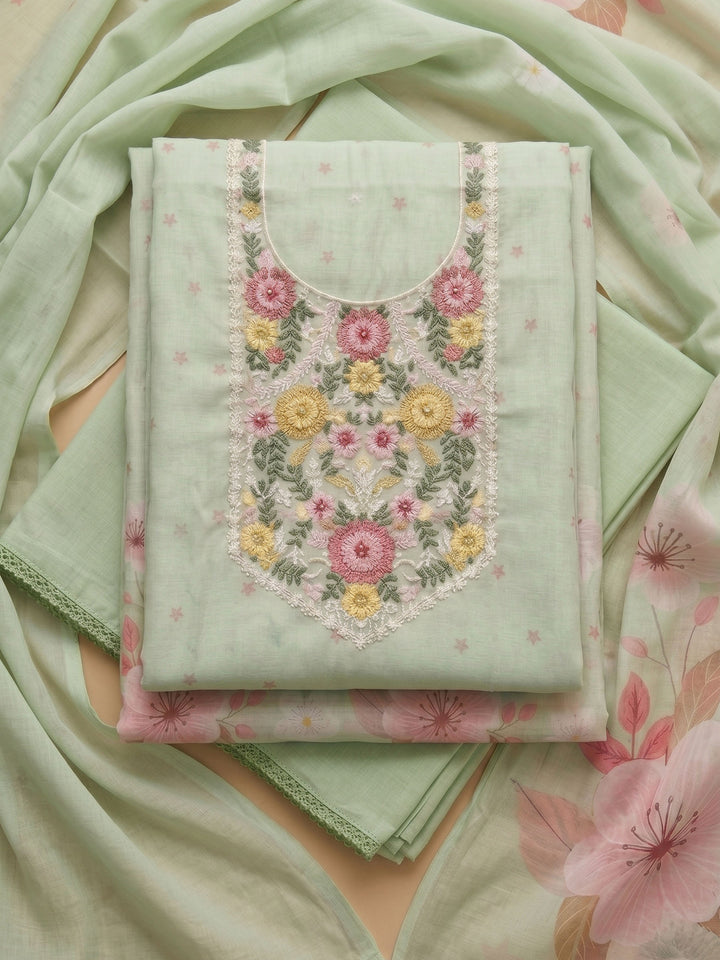 Pista Green Embroidered Linen Blend Unstitched Suit &amp; Pant With Cotton Dupatta