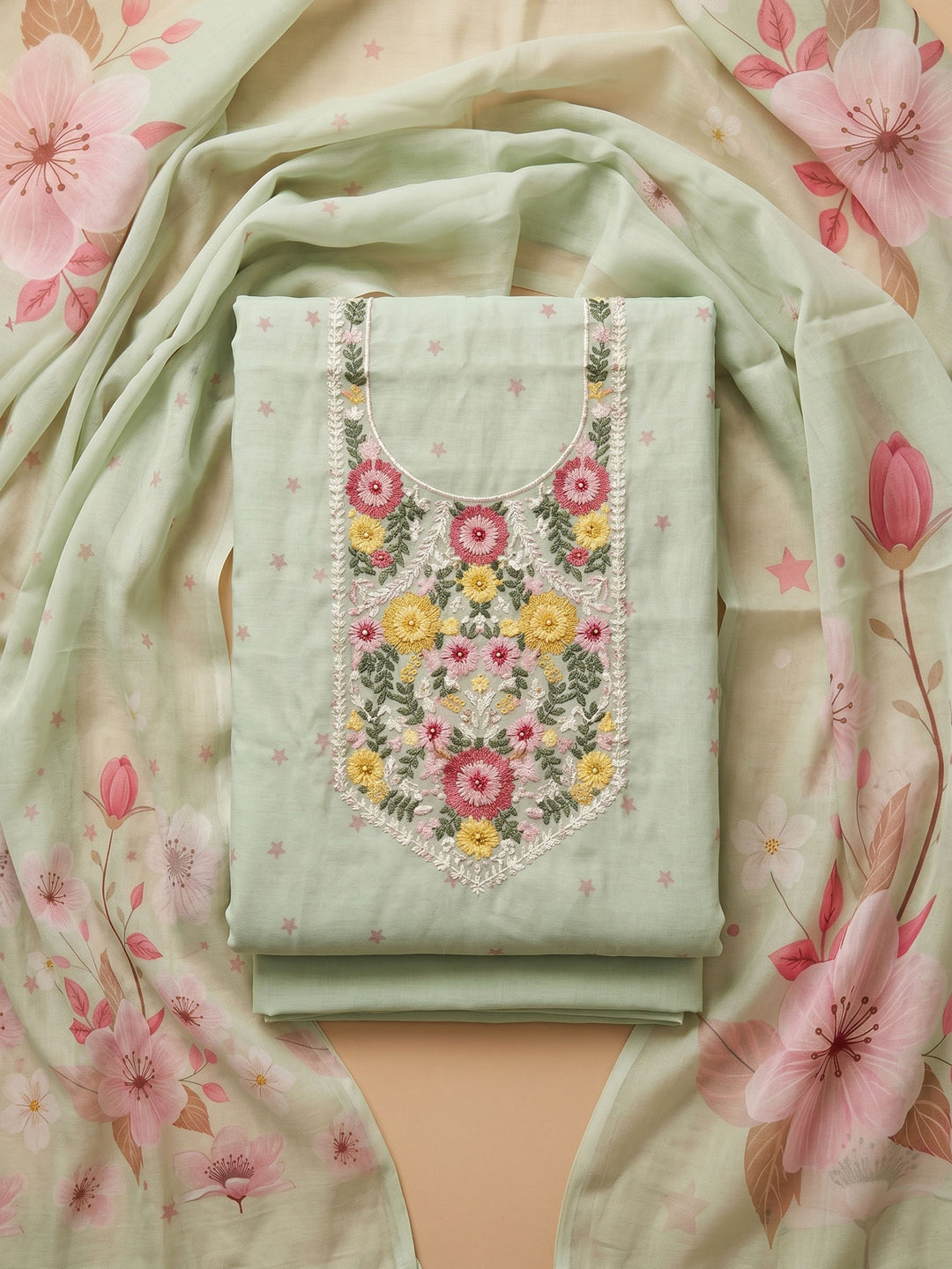 Pista Green Embroidered Linen Blend Unstitched Suit &amp; Pant With Cotton Dupatta