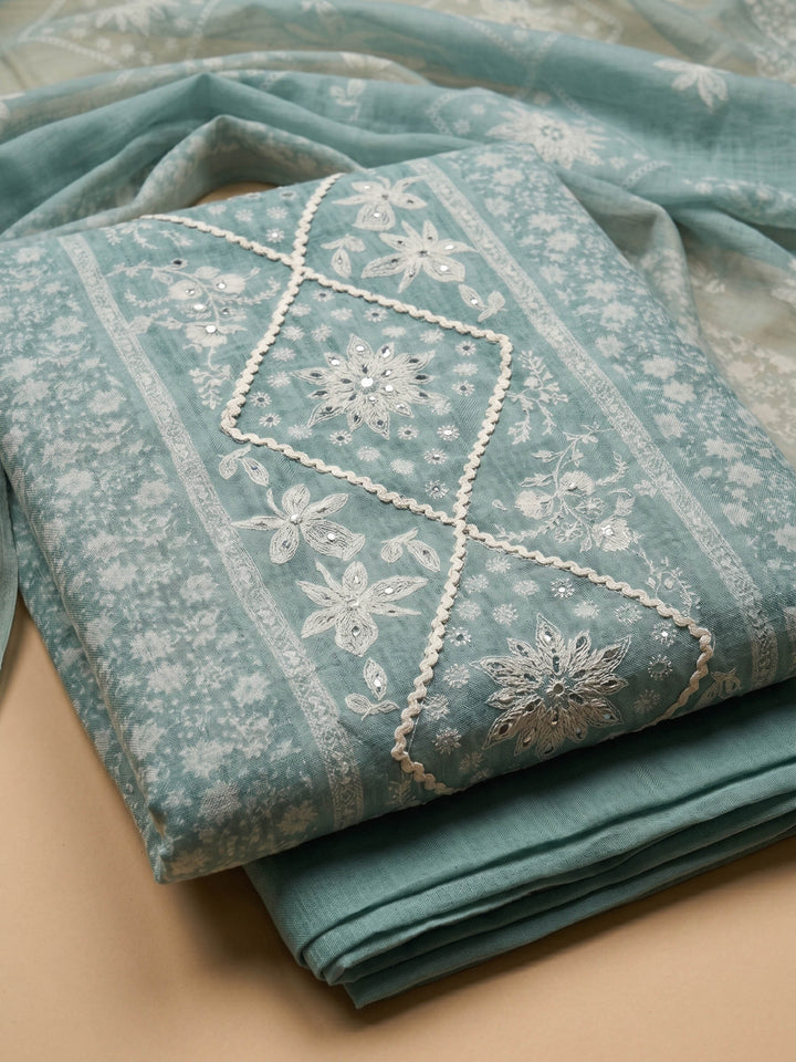 Aqua Green Printed Cotton Blend Unstitched Suit &amp; Pant With Cotton Dupatta