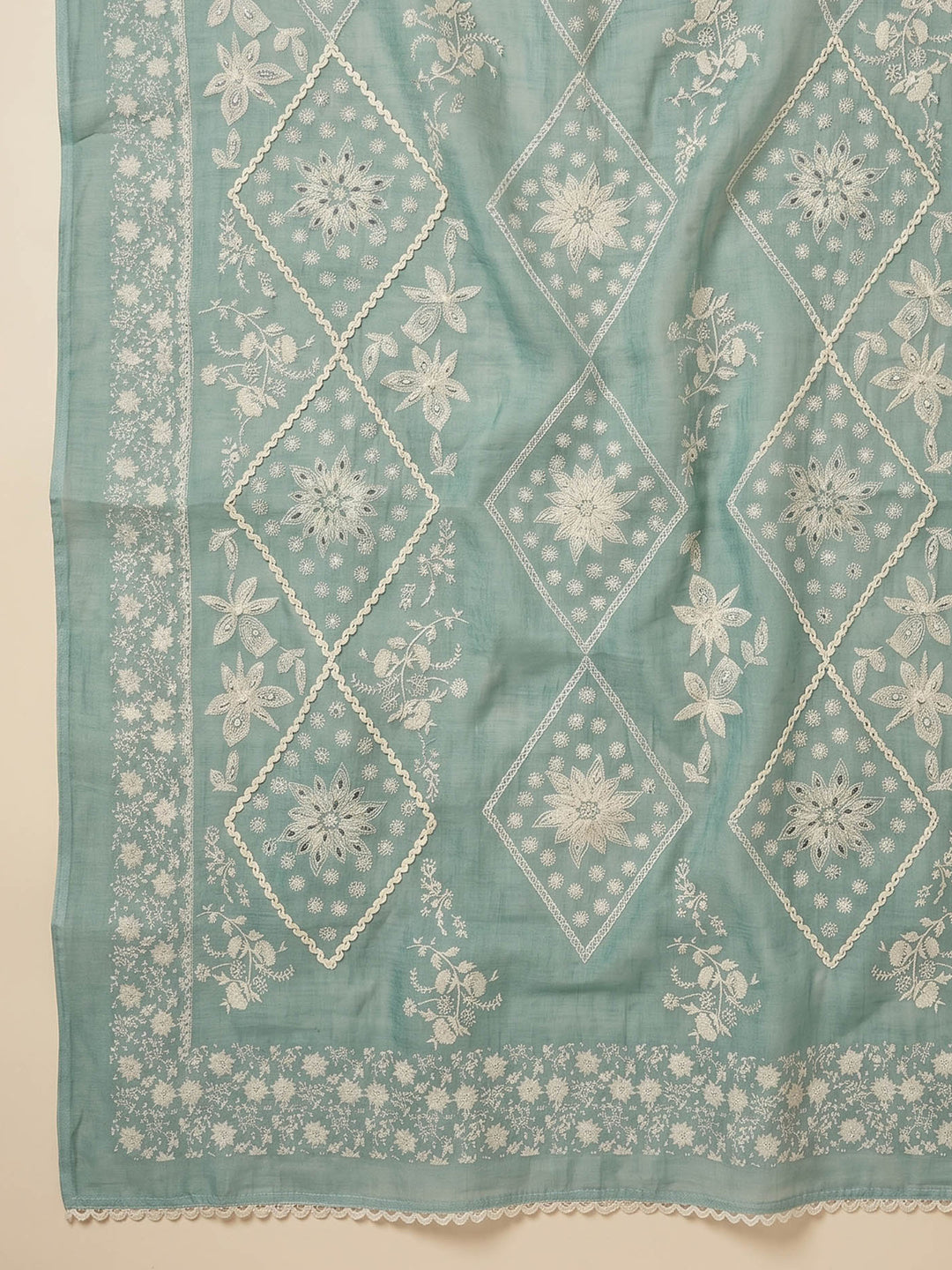 Aqua Green Printed Cotton Blend Unstitched Suit &amp; Pant With Cotton Dupatta