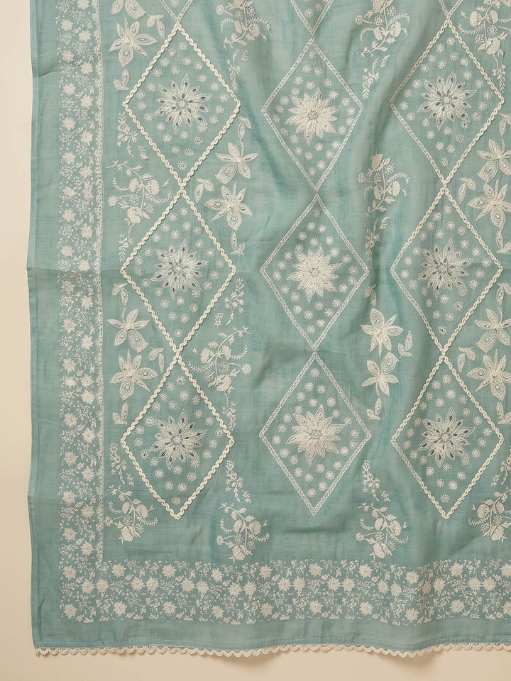 Aqua Green Printed Cotton Blend Unstitched Suit &amp; Pant With Cotton Dupatta