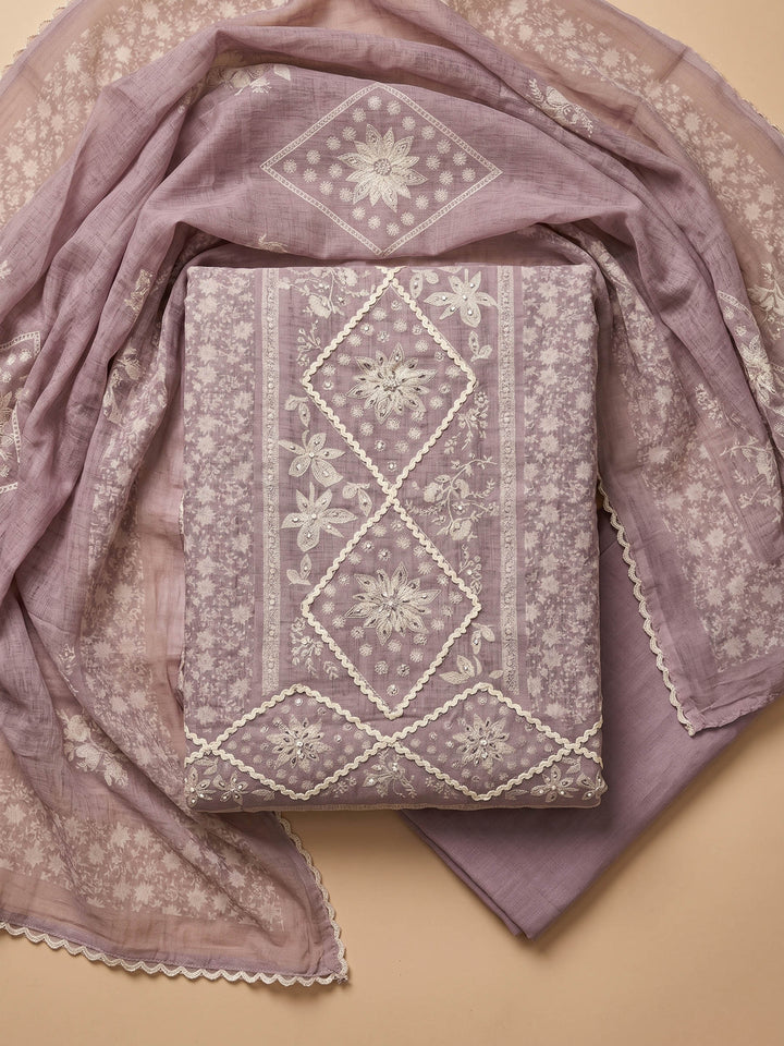 Lavender Printed Cotton Blend Unstitched Suit &amp; Pant With Cotton Dupatta