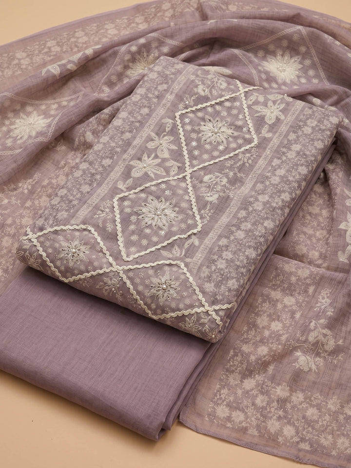 Lavender Printed Cotton Blend Unstitched Suit &amp; Pant With Cotton Dupatta