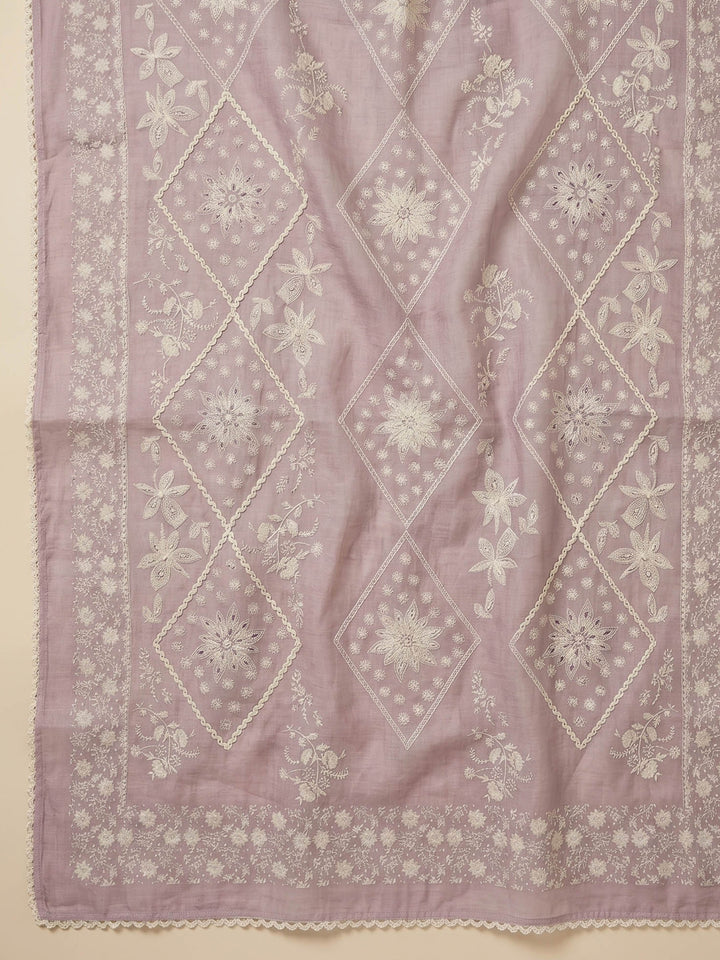 Lavender Printed Cotton Blend Unstitched Suit &amp; Pant With Cotton Dupatta