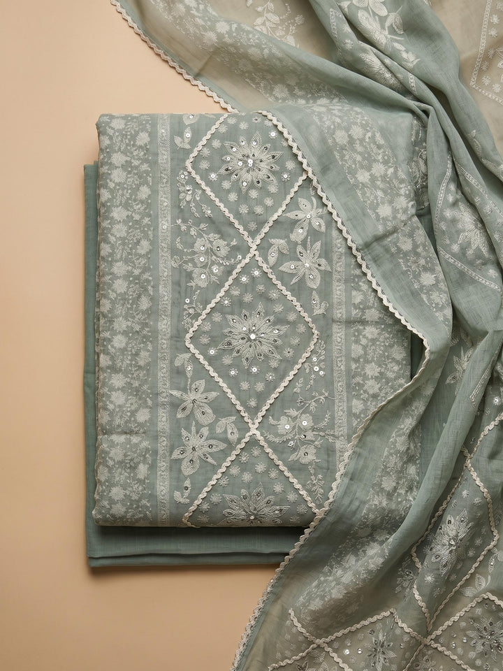 Sea Green Printed Cotton Blend Unstitched Suit &amp; Pant With Cotton Dupatta