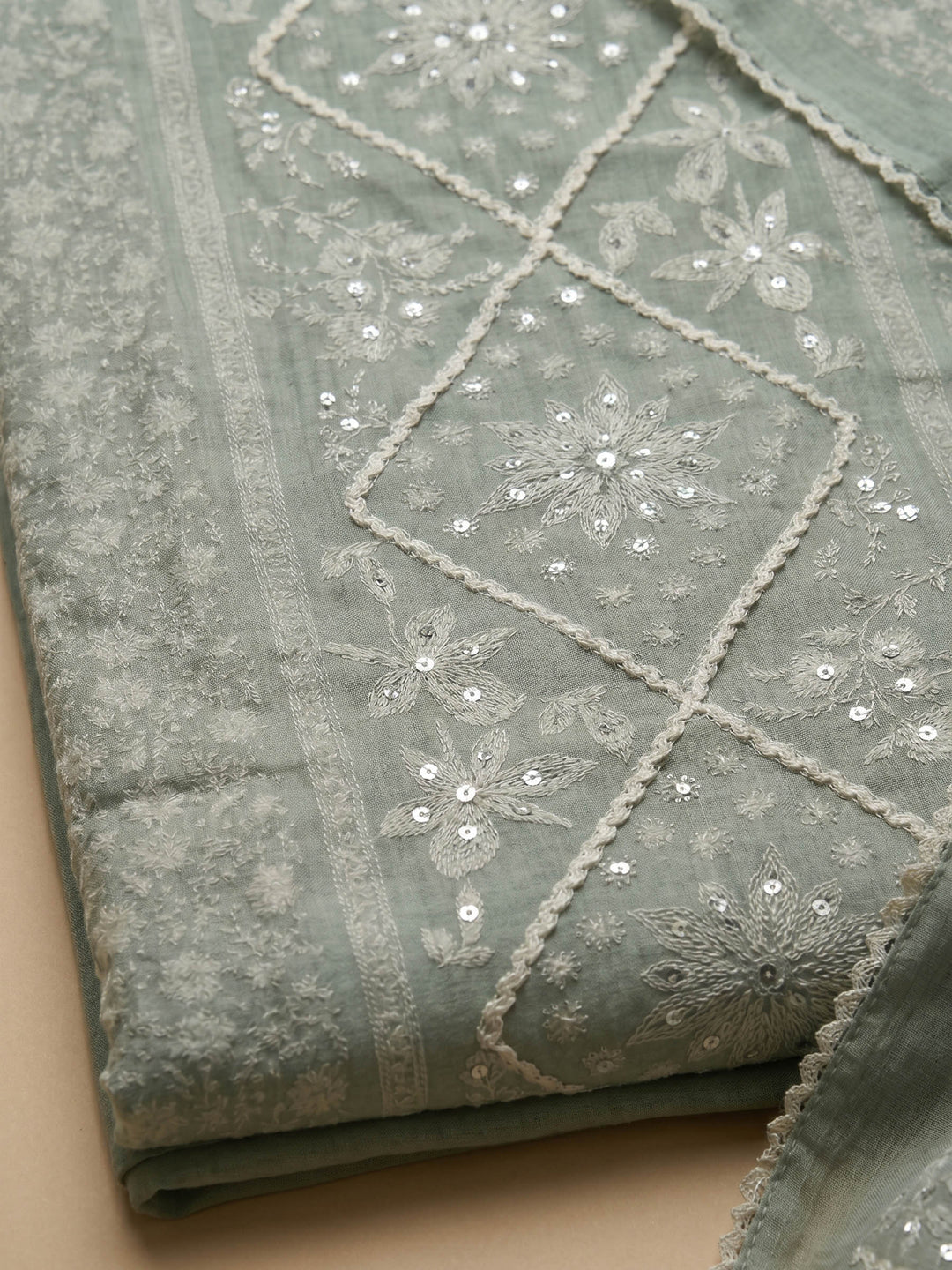 Sea Green Printed Cotton Blend Unstitched Suit &amp; Pant With Cotton Dupatta