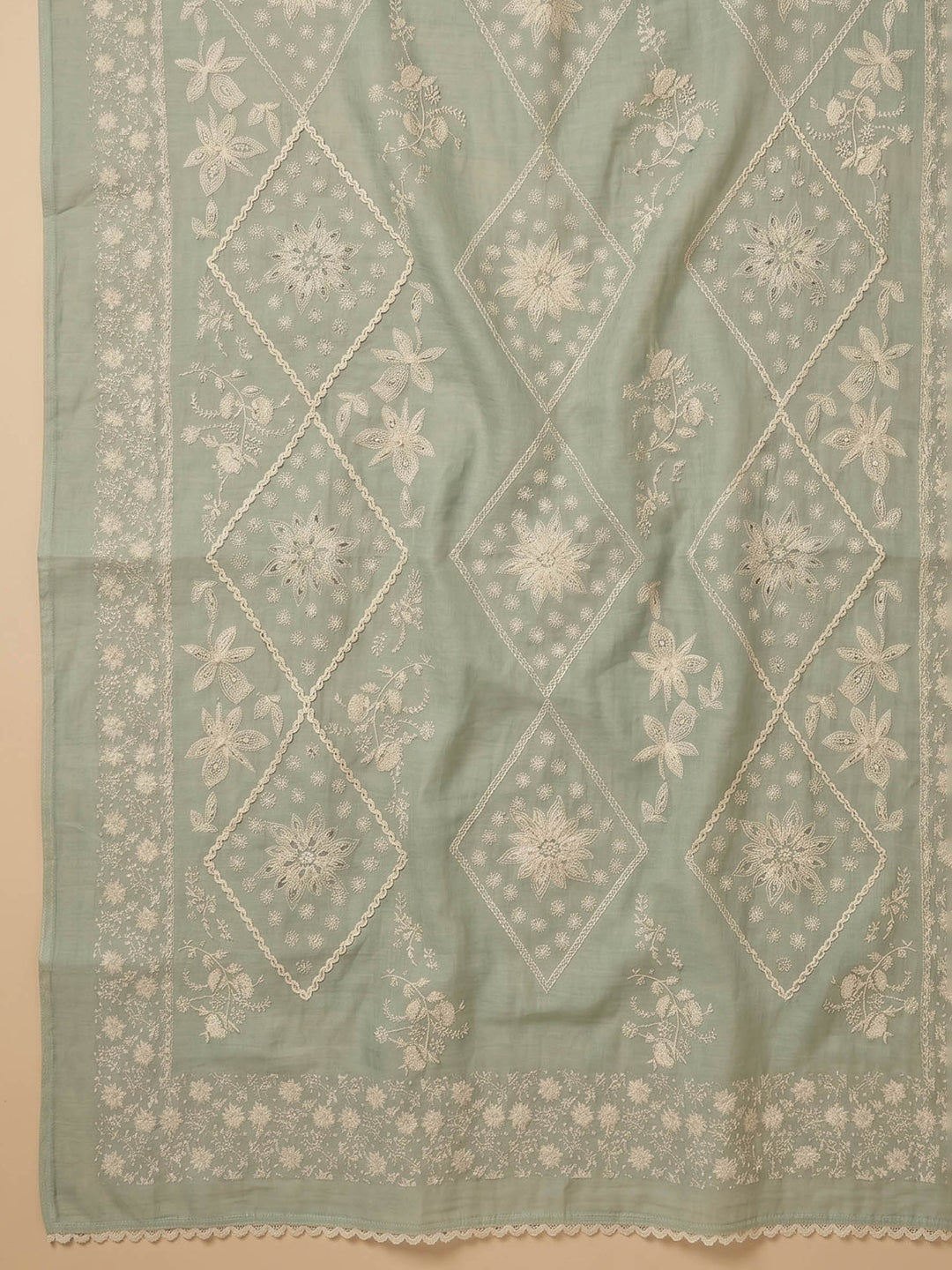 Sea Green Printed Cotton Blend Unstitched Suit &amp; Pant With Cotton Dupatta