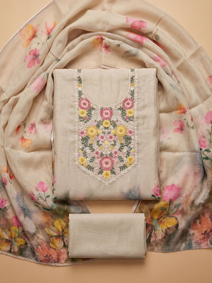 Cream Embroidered Linen Blend Unstitched Suit &amp; Pant With Cotton Dupatta