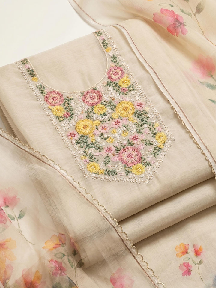 Cream Embroidered Linen Blend Unstitched Suit &amp; Pant With Cotton Dupatta