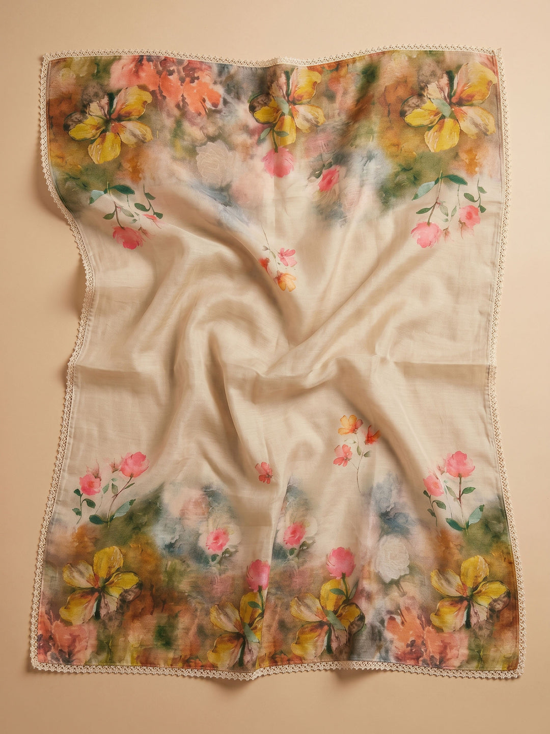 Cream Embroidered Linen Blend Unstitched Suit &amp; Pant With Cotton Dupatta