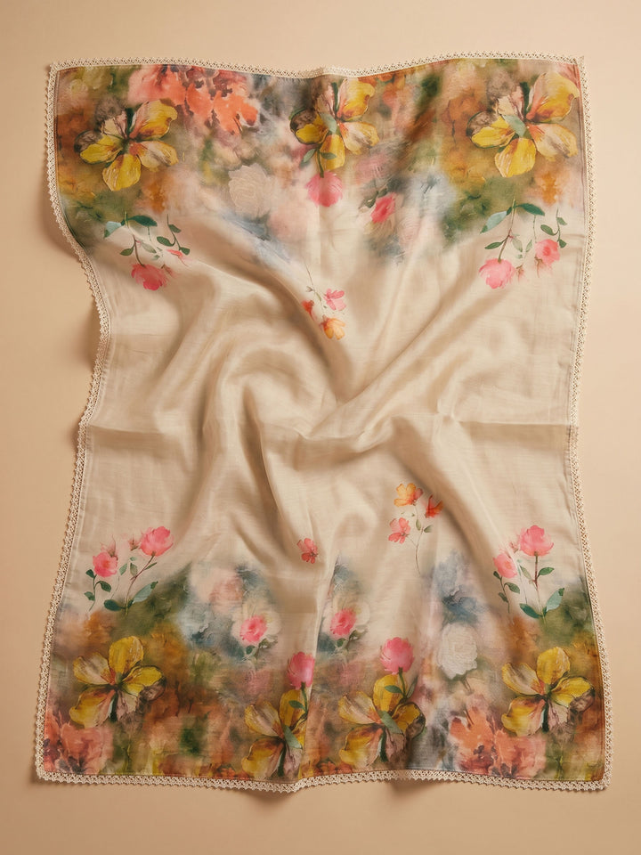Cream Embroidered Linen Blend Unstitched Suit &amp; Pant With Cotton Dupatta