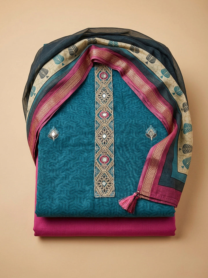 Blue Yoke Embroidery Chanderi Unstitched Dress Material